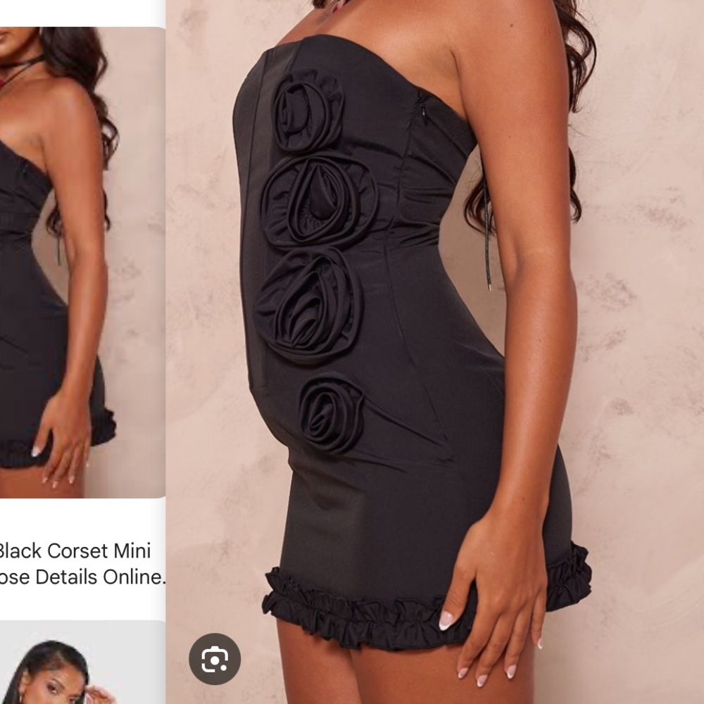 PrettyLittleThing Black Strapless Corset Mini Dress with Rose Appliqués